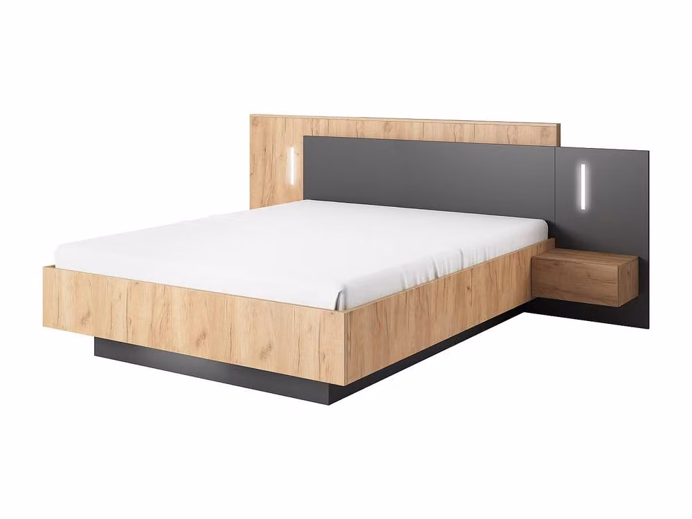 Vente-unique Modern Double Bed with Bedside Tables and LED Under-bed Lighting in Grey, W/D/H: 160 x 200 cm – 2