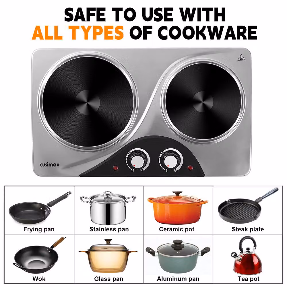 Cusimax Silver 2500W Double Cast Iron Hot Plate with Temperature Controls – 4
