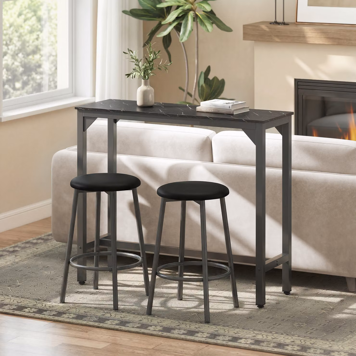 HOMCOM Rectangular Bar Table with Black Marble Effect and Metal Legs for Kitchen or Dining Room – 7