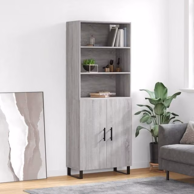 Berkfield Home Grey Sonoma Highboard with Hinged Doors and Internal Shelves, W/D/H: 69.5 x 34 x 180 cm – 1
