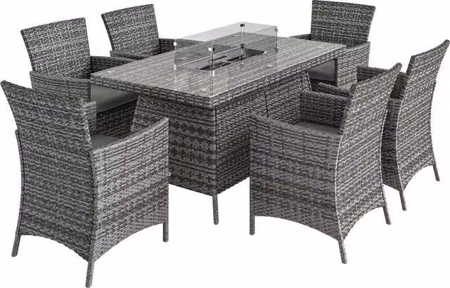 Outsunny 7 Piece Grey PE Rattan Garden Dining Set with 50,000 BTU Fire Pit Table and Armchairs with Cushions