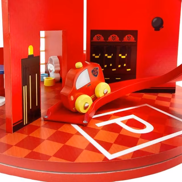 Teamson Kids Wooden Fire Station Playset with 25-piece Figurines and Vehicles, Red