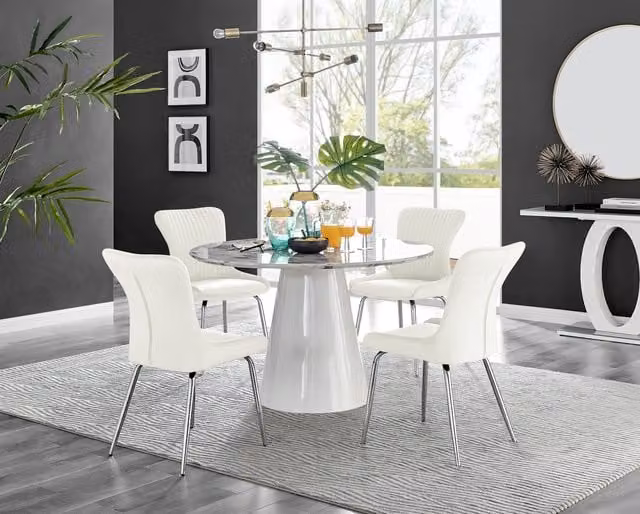 Furniturebox Palma White Marble Effect Round Dining Table and 4 Nora Silver Leg Chairs Set