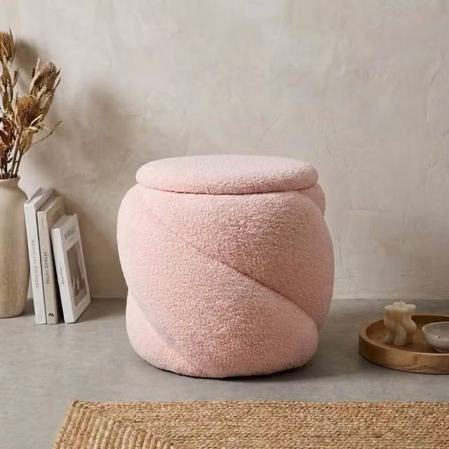 Garden Greatness Aurelie Teddy Peony Trunk Stool in Pink Bouclé Fabric