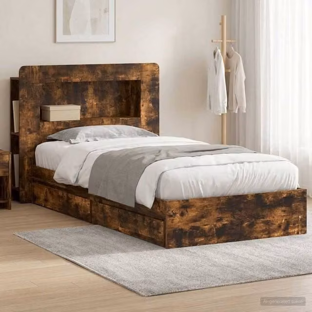 Berkfield Home Modern Bed Frame with Storage Drawers in Smoked Oak Brown, W/D/H: 90 x 200 cm