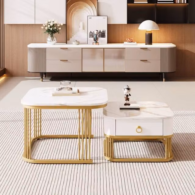 Rolipo Nesting Coffee Table Set of 2 in White and Gold with High Gloss Marble Finish – 1
