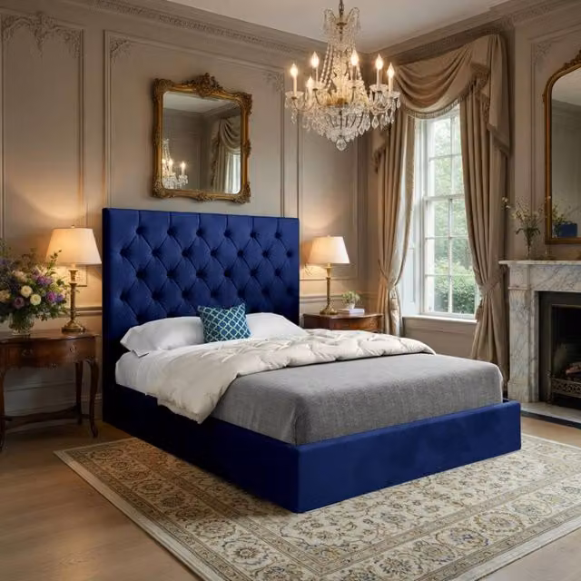 Casani Craster Blue Velvet Upholstered Chesterfield Bed Frame W/D/H: 120 x 137 x 128 cm – 1