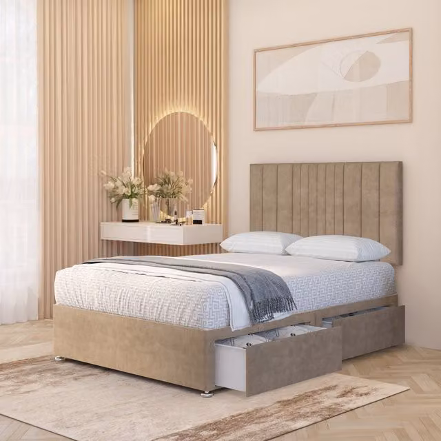 Somnior Beds Ltd Arizona Plush Velvet Orthopaedic Divan Bed Set with Hybrid Mattress and 32 inch Headboard, Beige