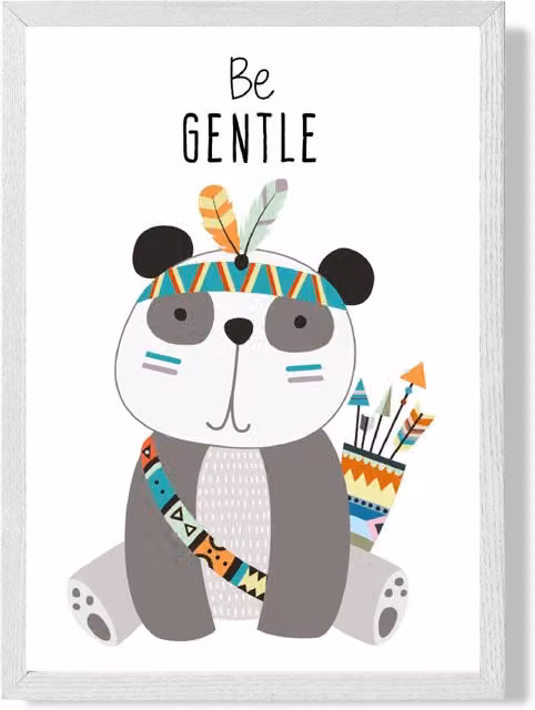 ARTZE Be Gentle Panda Tribal Animal Quote Framed Print, Grey and White, A2 – 1
