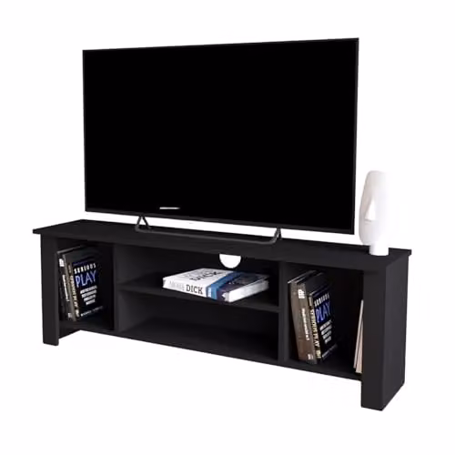 Bimossa Modern Black Wooden TV Stand with Open Storage Shelves, W: 114 cm, D: 30 cm, H: 45 cm – 4