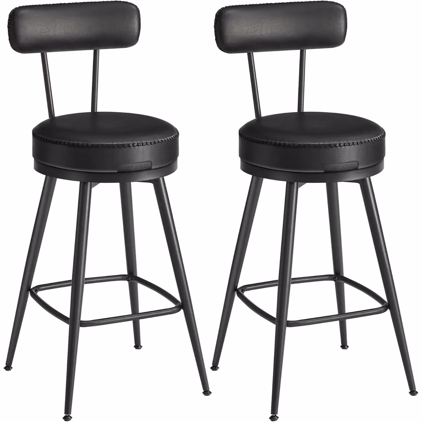 VASAGLE Set of 2 Modern 360 Swivel Bar Stools with Backrests in Black Synthetic Leather and Metal – 3