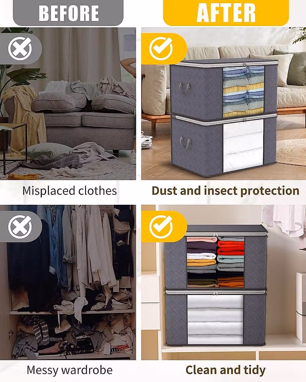 YnysTec 4-Piece Zipped Clothes Storage Bags and Wardrobe Organiser Boxes, Grey, W/D/H: 40 x 60 x 35 cm, 40 x 35 x 40 cm – 3