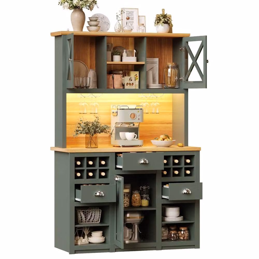 Matteo Modern Freestanding Kitchen Cabinet in Green with Glass Doors, Bottle Rack and LED Lighting, W/D/H: 120.0 x 188.0 cm – 4