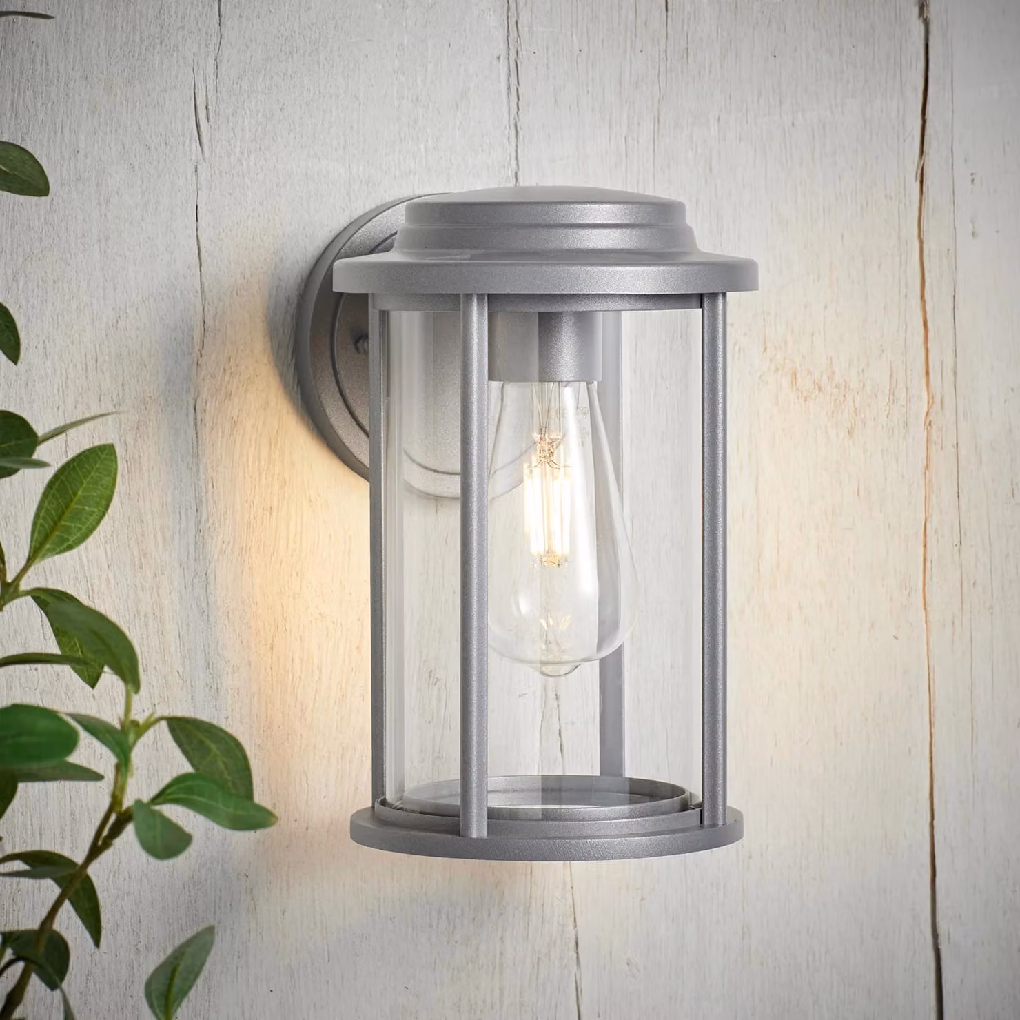 Lights4fun Grey Lantern Outdoor Wall Light with Aluminium and Glass Finish