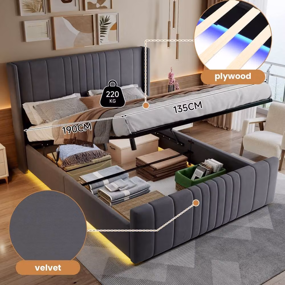 Rolipo Double Ottoman Bed in Grey Velvet with LED Under-Bed Lighting – 4