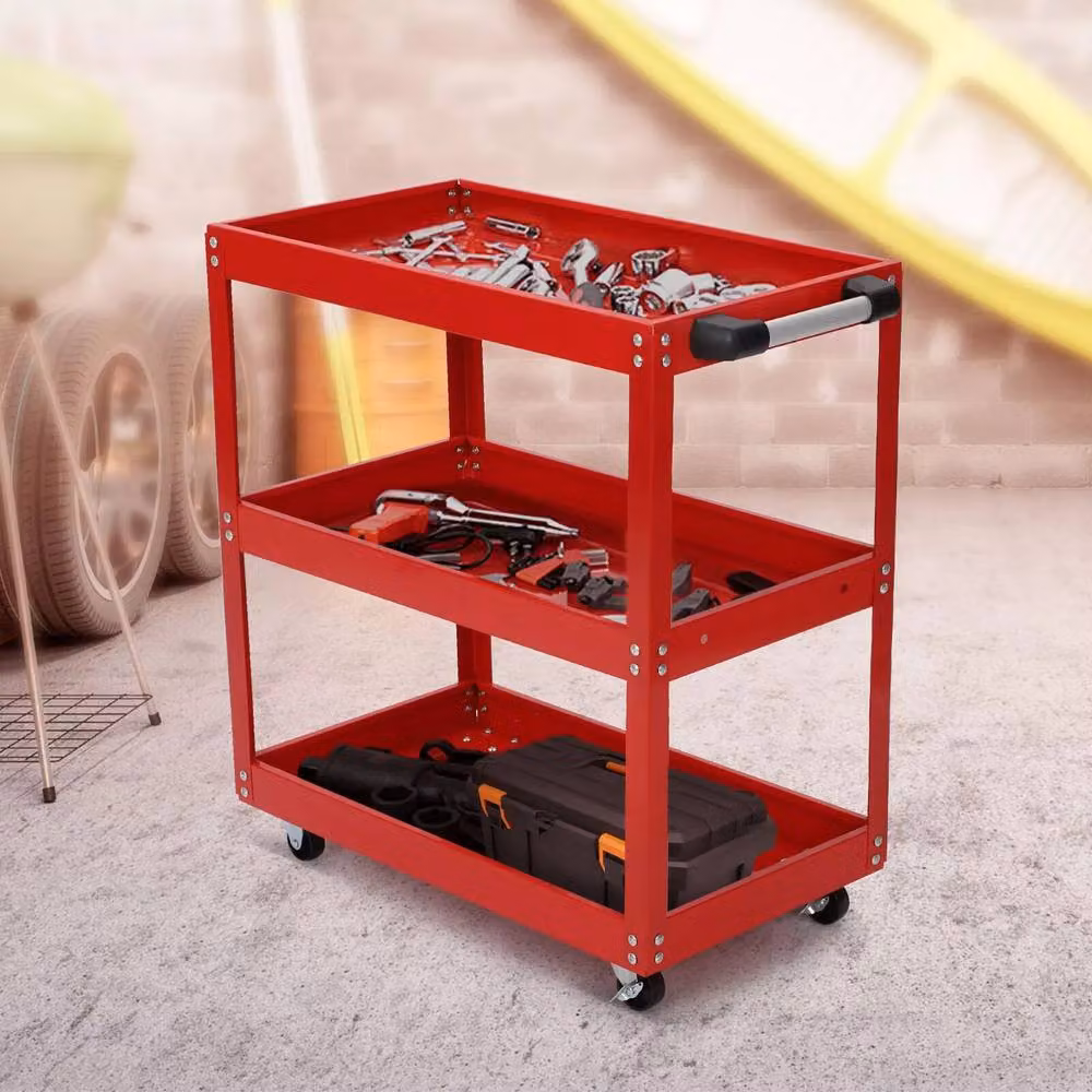 Dprodo Heavy Duty 3-Shelf Rolling Steel Cart with Lockable Wheels, Red, W/D/H: 60 x 60 x 60 cm – 8