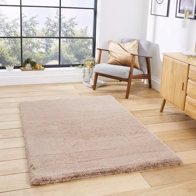 Terrys Super Teddy Plain Shaggy Rectangular Rug in Brown and Beige Polyester