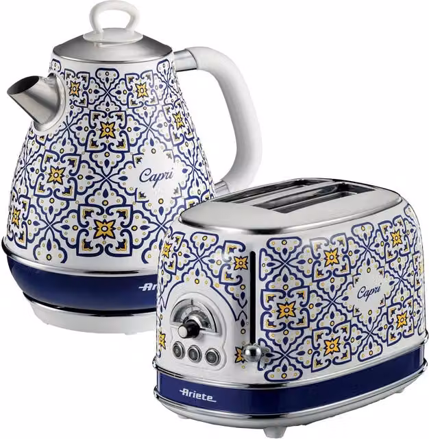 Ariete Capri Blue 1.7L Kettle and 2 Slice Toaster Set in Stainless Steel and Ceramic