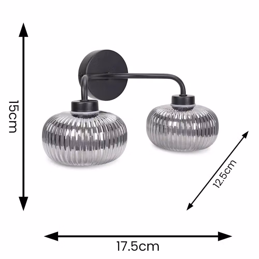 ValueLights Amaia Matte Black 2 Way Up and Down Wall Light with Smoked Grey Ribbed Glass Lampshades and LED Bulb, IP44 Rated – 4