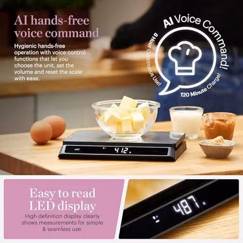 Tower Digital Intelli Kitchen Scale with Voice Control and LED Display, 15kg Capacity, Black and Stainless Steel – 6