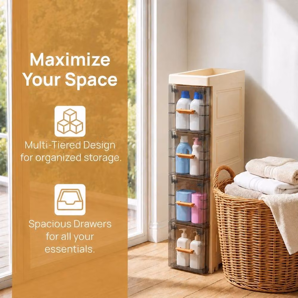 EONLION Slim Rolling Spice Rack Cabinet for Narrow Pantry Storage, Beige, W: 15 cm, D: 15 cm, H: 60 cm – 3