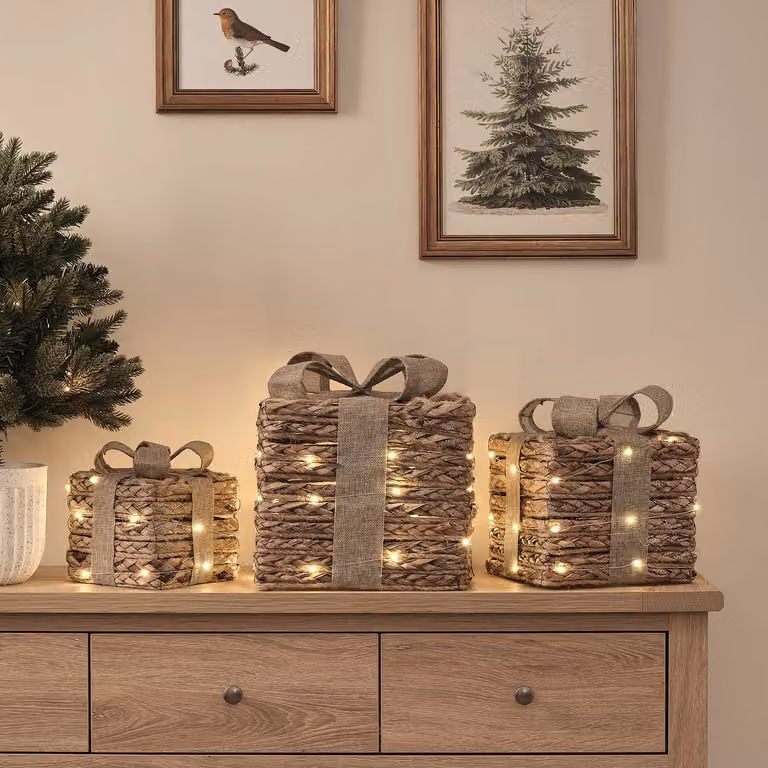 Set of 3 Brown Micro LED Jute Christmas Presents for Tabletop Decoration