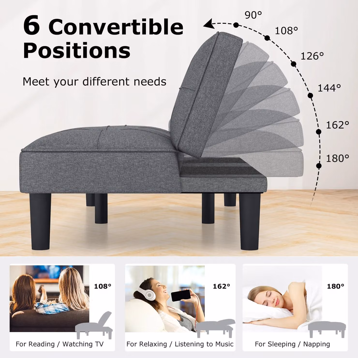 Gymax Modern Grey Linen Fabric Upholstered Convertible Futon Sofa Bed with Solid Wood Frame – 4