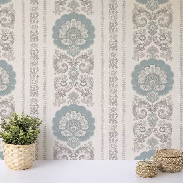 Wallquest Vintage Floral Abstract Wallpaper in Petrol, White, Gold and Grey