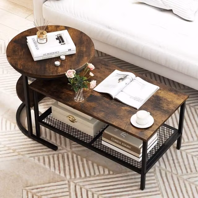 VOGREX Industrial Brown Round Side Table and Rectangular Coffee Table Set with Nested Tops and Metal Legs – 1