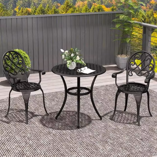 OUTSUNNY 3-Piece Black Aluminium Garden Bistro Set with Round Table and 2 Chairs – 1