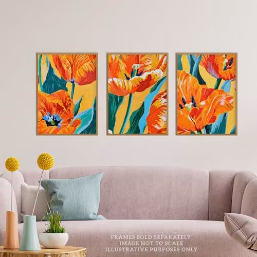 Wee Blue Coo Set of 3 Floral and City Botanical Paper Posters in Blue and Orange, W/H: 30.0 x 41.0 cm – 2