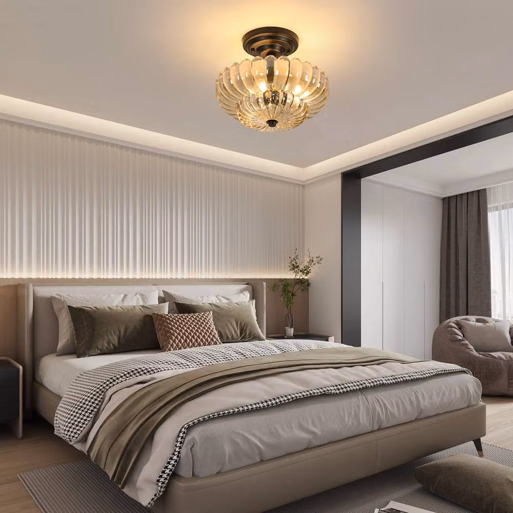 Pheashine Modern Amber Glass and Black Metal Flush Ceiling Light, 3 x E27 – 3