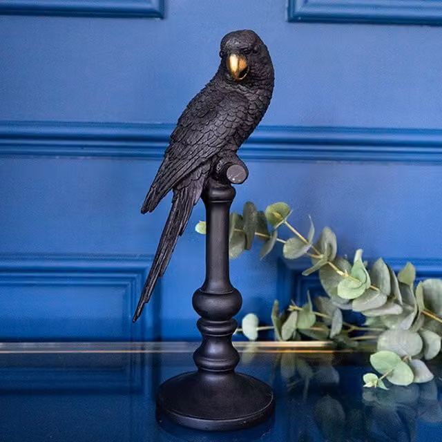 Madison & Mayfair Black and Gold Parrot Bird Ornament on Stand, H 35.0 x W 12.0 x D 14.5 cm