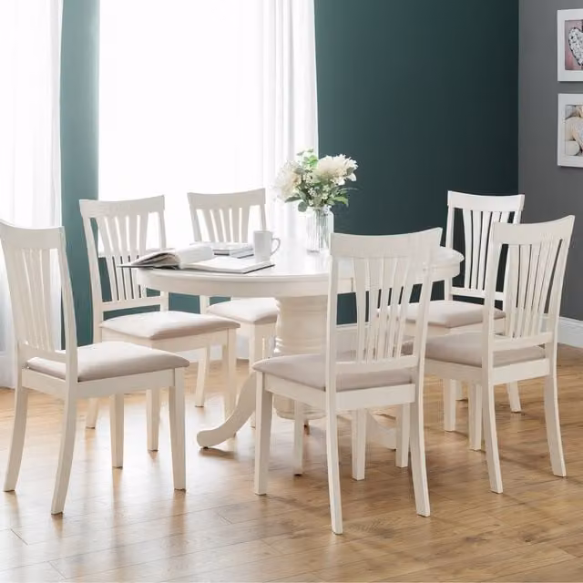 Julian Bowen Extendable Oval Dining Table and 6 Chairs Set in White and Taupe Lacquered Finish
