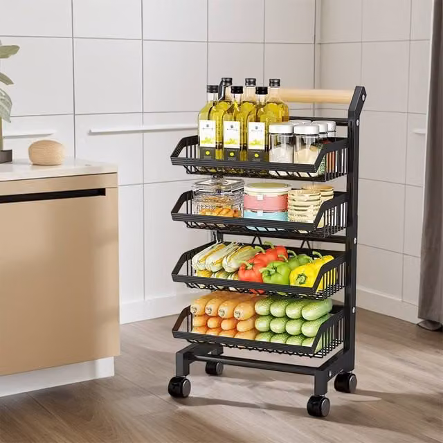 Living and Home 4-Tier Metal Kitchen Trolley Cart and Fruit Storage Rack in Black
