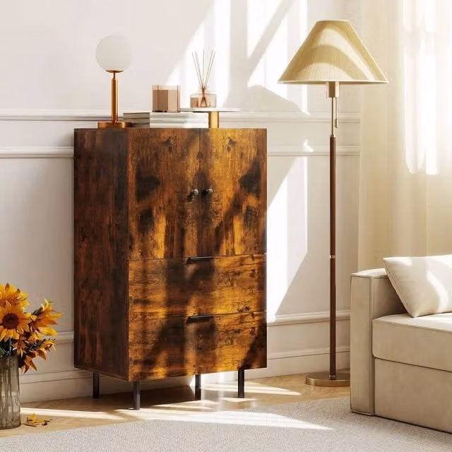 EONLION Industrial Brown Wood and Metal 2-Door Sideboard Buffet Cabinet, Width: 100 cm