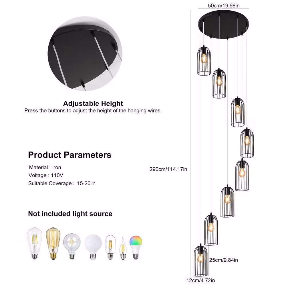 NIVOR Black Industrial Cluster Staircase Chandelier, Height Adjustable E27 Pendant Light for Hallways and Stairs – 2