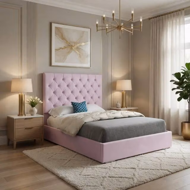 KDMD Fetcham Pink Velvet Upholstered Chesterfield Bed Frame, W/D/H: 140 x 200 cm