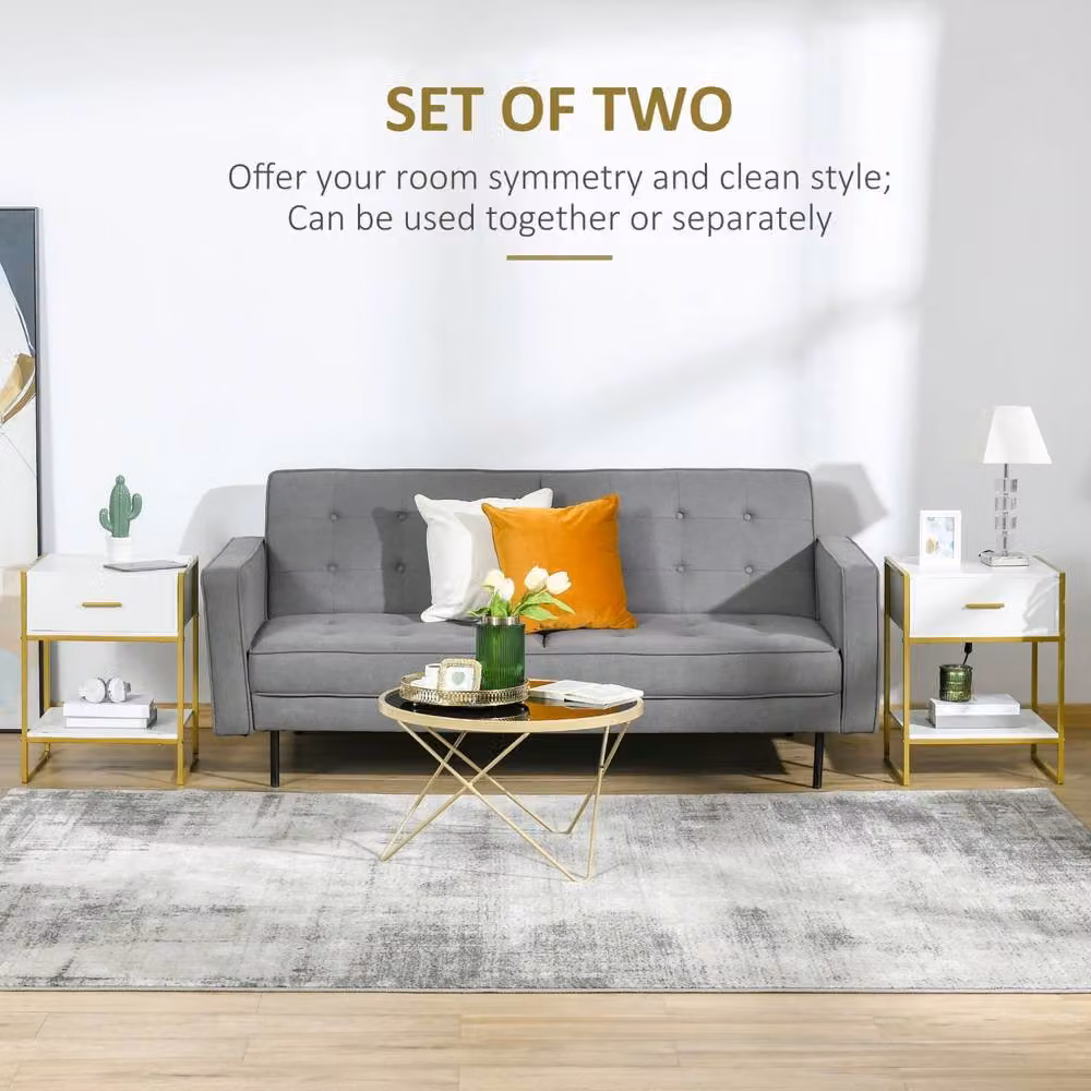 Wyld Haus Niva White and Gold Bedside Tables Set of 2 with Drawer and Shelf W/D/H: 40 x 45 x 60 cm – 3