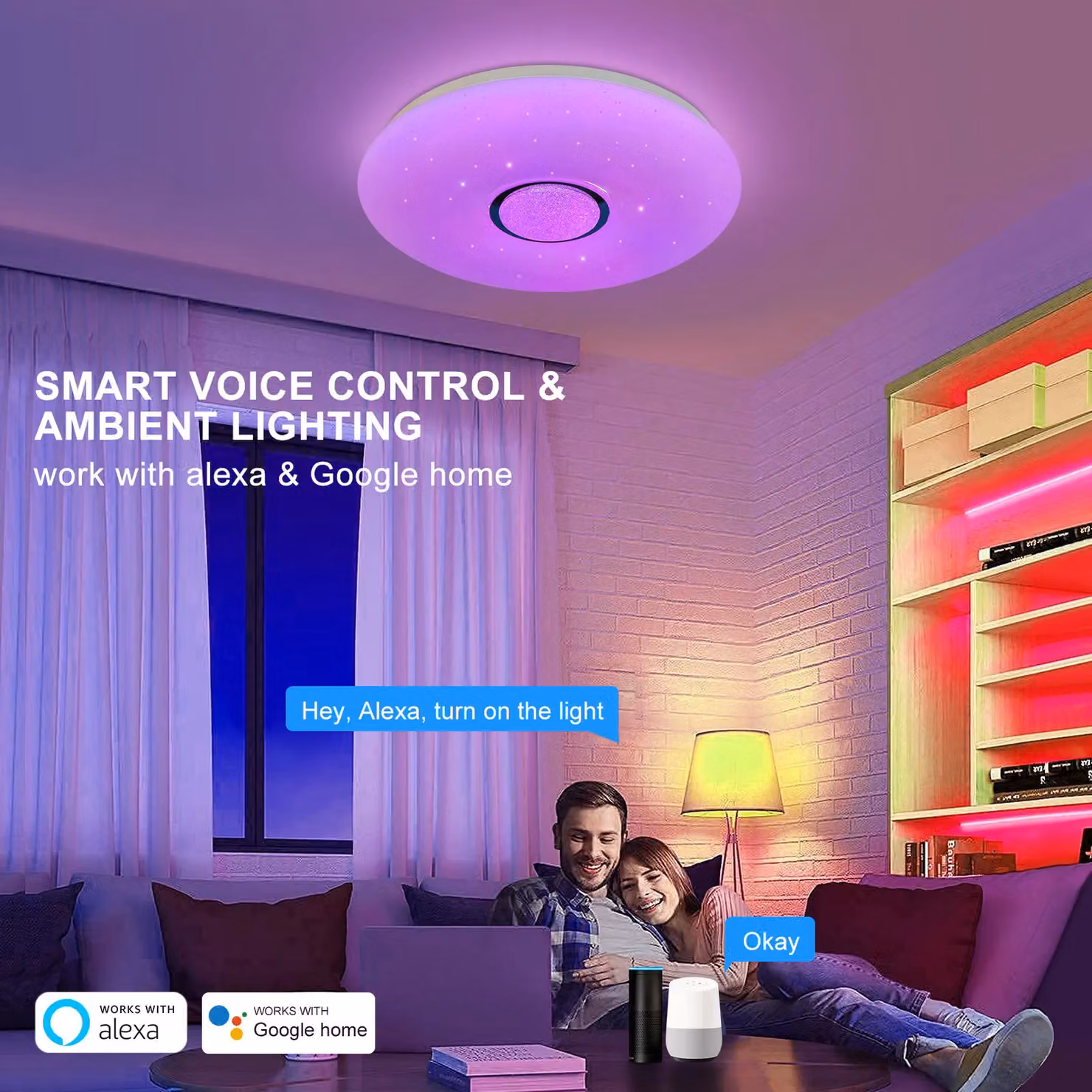 Harper Living RGBW Smart LED Ceiling Light, 24W Dimmable Round White Light with Tuya, Amazon Alexa and Google Assistant Compatibility – 3