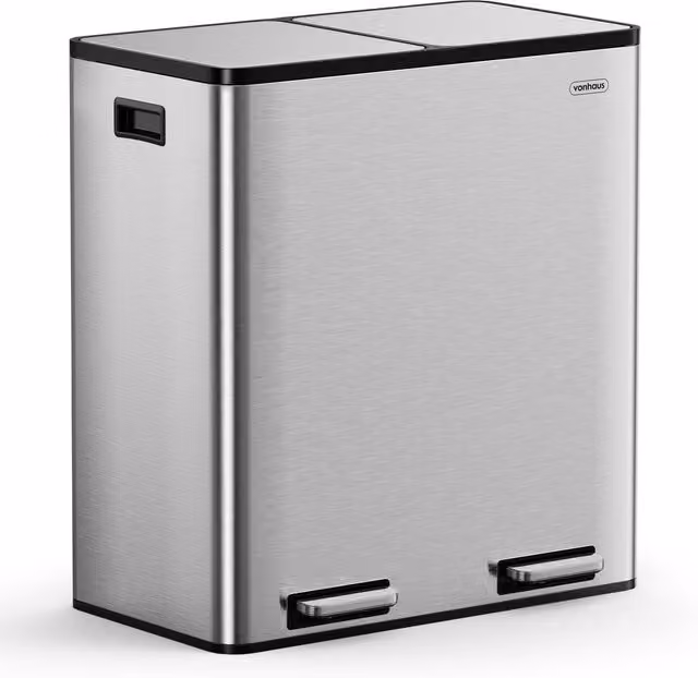 VonHaus 60L 2 Compartment Kitchen Waste and Recycling Bin with Soft Close Pedal in Metallic Silver