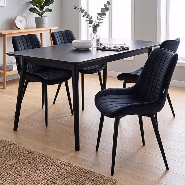 Livingandhome Set of 4 Modern Black Velvet Channel-Tufted Upholstered Dining Chairs