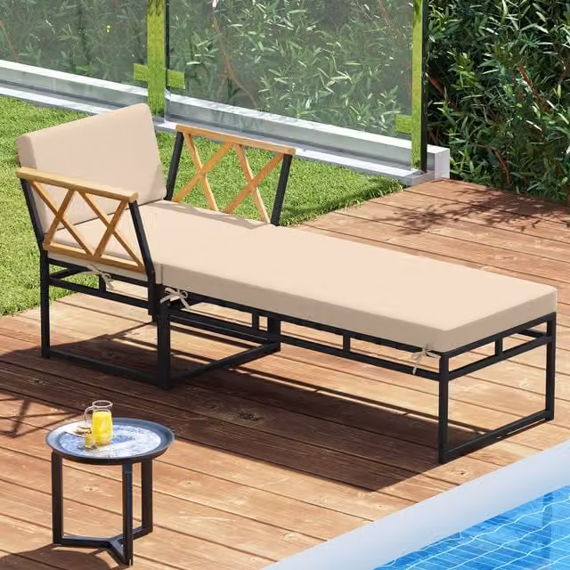 Costway 2 Piece Brown and Beige Patio Furniture Set with Metal and Wood Construction