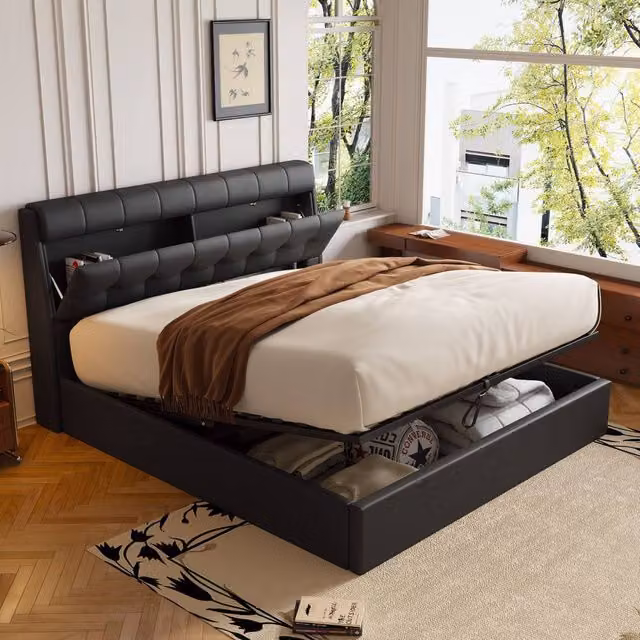 BTM Black Upholstered Double Hydraulic Bed with Headboard Storage, W/D/H: 135 x 190 x 48.1 cm
