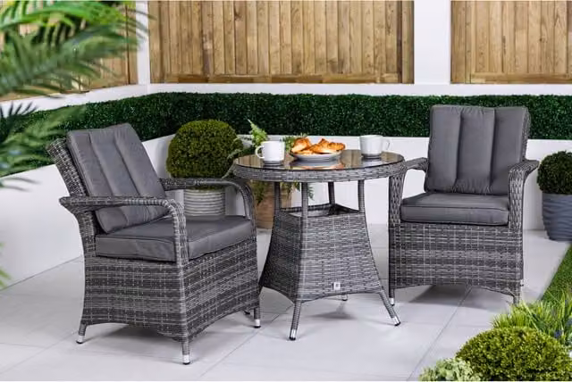 Giardino Arizona Grey Rattan Garden Bistro Set with Round Glass Table and 3 Chairs