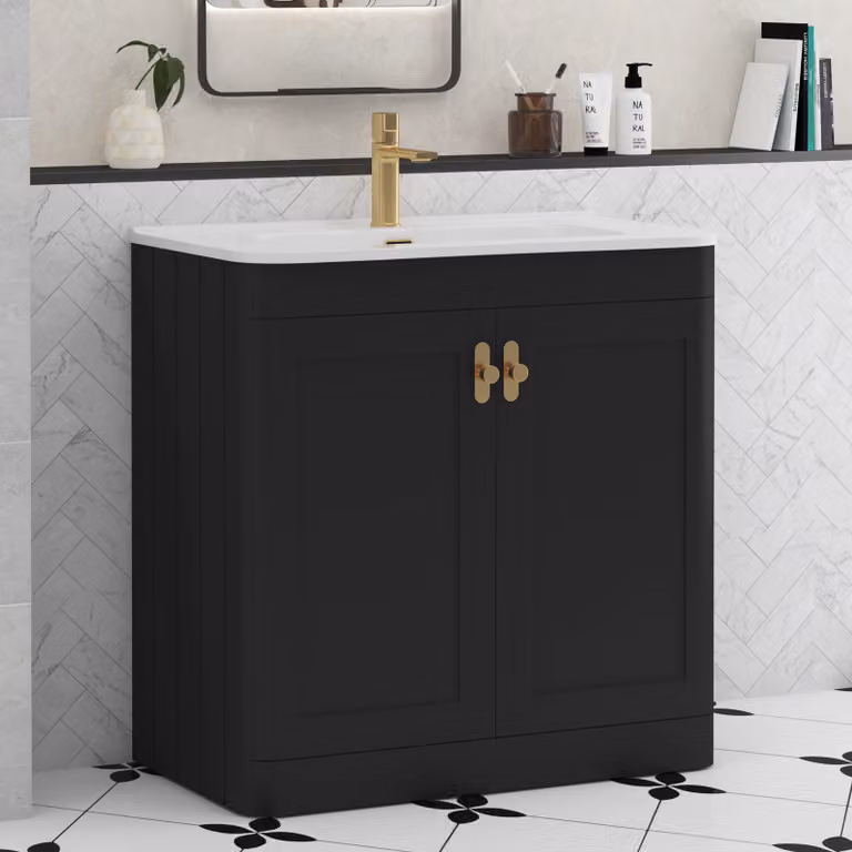 Royal Bathrooms Henley 800mm Matt Nocturne Black Floor Standing 2 Door Vanity Unit with Ceramic Basin and Brushed Brass Knob