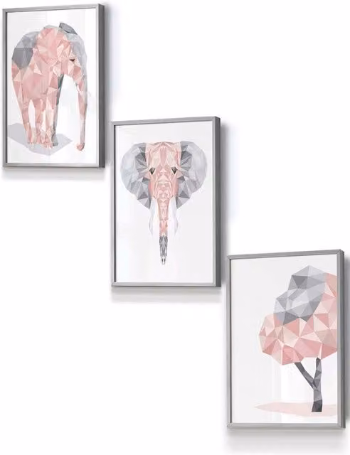 ARTZE Geometric Elephant Set Framed Wall Art in Pink and Grey, W33 x H45 x D0.2 cm