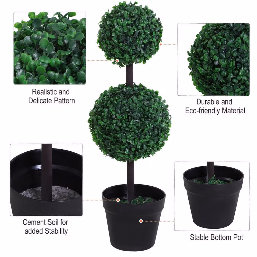 STILVORA Set of 2 Green Artificial Tabletop Topiary Trees in Round Concrete Pots – 8
