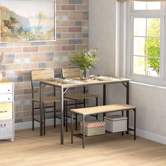 HOMCOM 4 Piece Dining Table and Chairs Set with Bench in Natural Wood Effect Brown