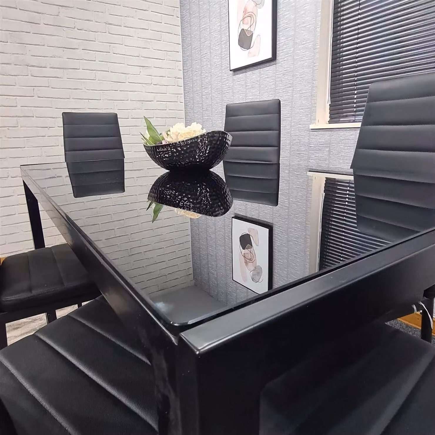KOSY KOALA Modern Rectangular Dining Set with Black Glass Table and 6 Brown Faux Leather Chairs, W/D/H: 180 x 90 x 75 cm – 2